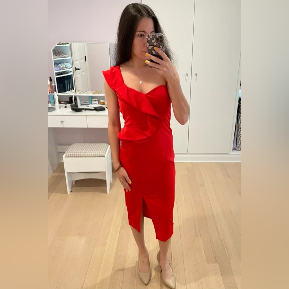 Red One Shoulder Sleeveless Split Bodycon Midi Holiday Party Dress Blogger Fav